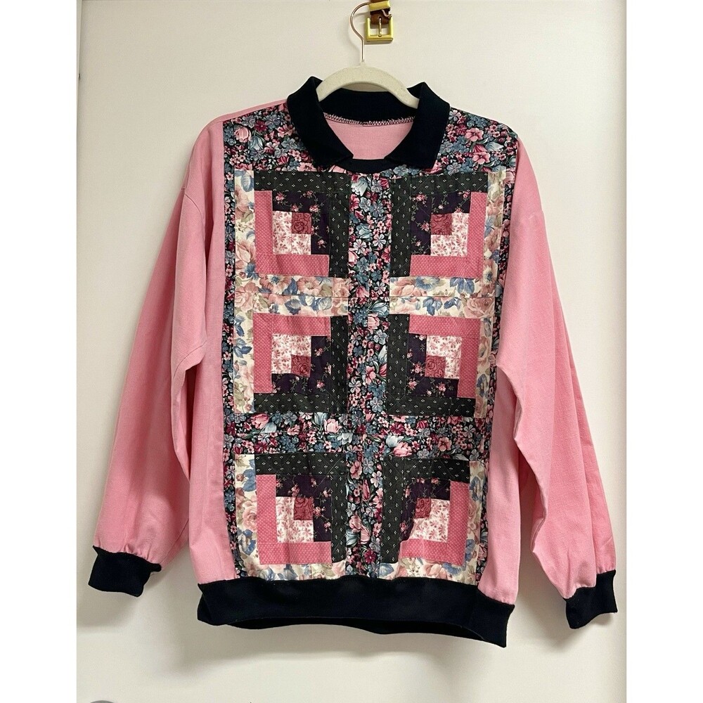 Rare Vintage Handmade Women’s L Floral Patchwork Sweatshirt Pullover Collared